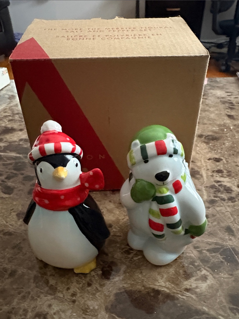 Festive Penguin and Polar Bear Ceramic Figurine Set - Salt and Pepper shakers